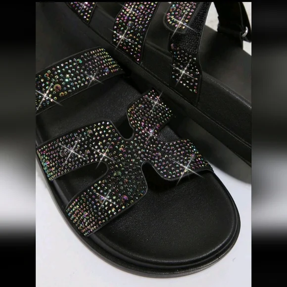 Black Rhinestone Slide Sandals - Picture 6 of 7